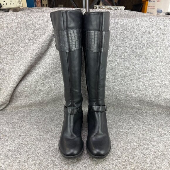 ✅Womens 9M Nicole Tess Black Knee-High Riding Boots Side-Zip Double Buckle Strap - Picture 5 of 13